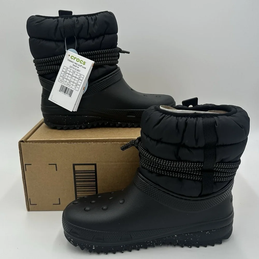 Crocs Classic Lined Neo Puff Boots Mid Calf Casual Black Women's Sz 6